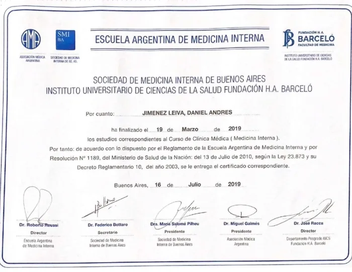 Certificado de la Escuela Argentina de Medicina Interna — Fundación H. A. Barceló