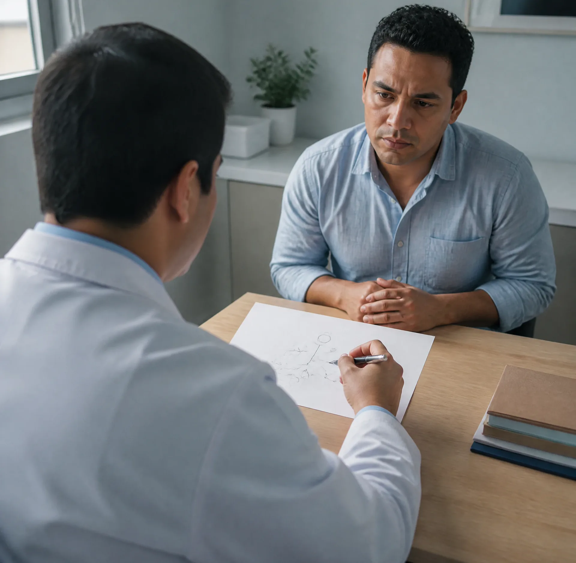 Cardióloga elaborando el antecedente familiar de un paciente con cardiomiopatía